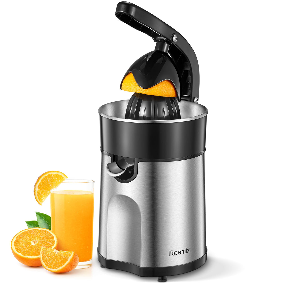 Reemix electric citrus juicer with brushed stainless steel for quiet, efficient juice extraction.