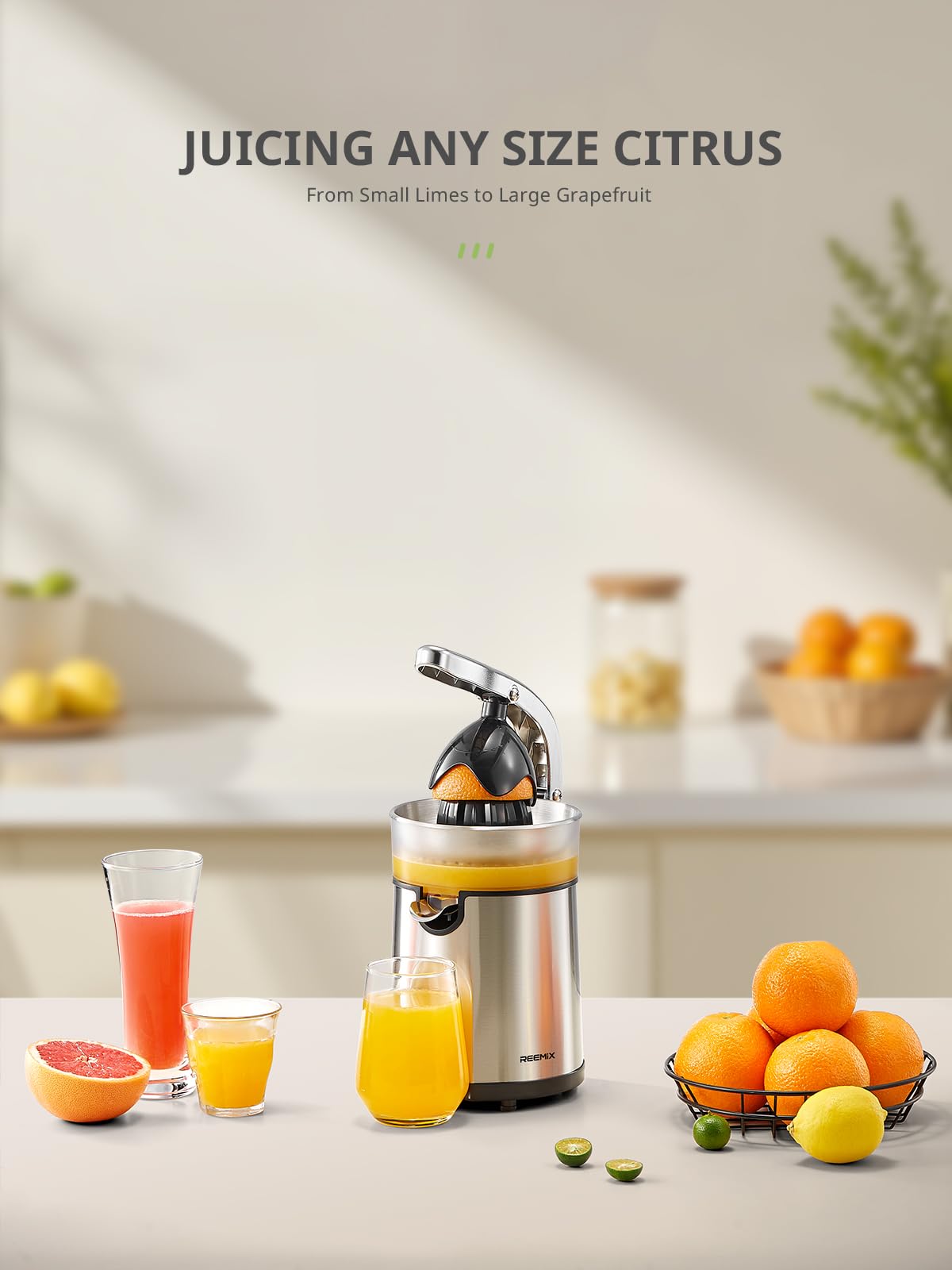 Reemix juicer in use, pouring fresh juice into a glass.
