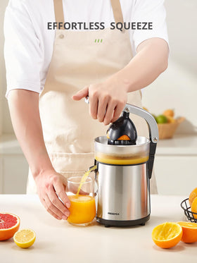 Reemix juicer press handle demonstrates easy start and stop.