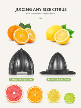 Two interchangeable cones for oranges, lemons, and grapefruit.