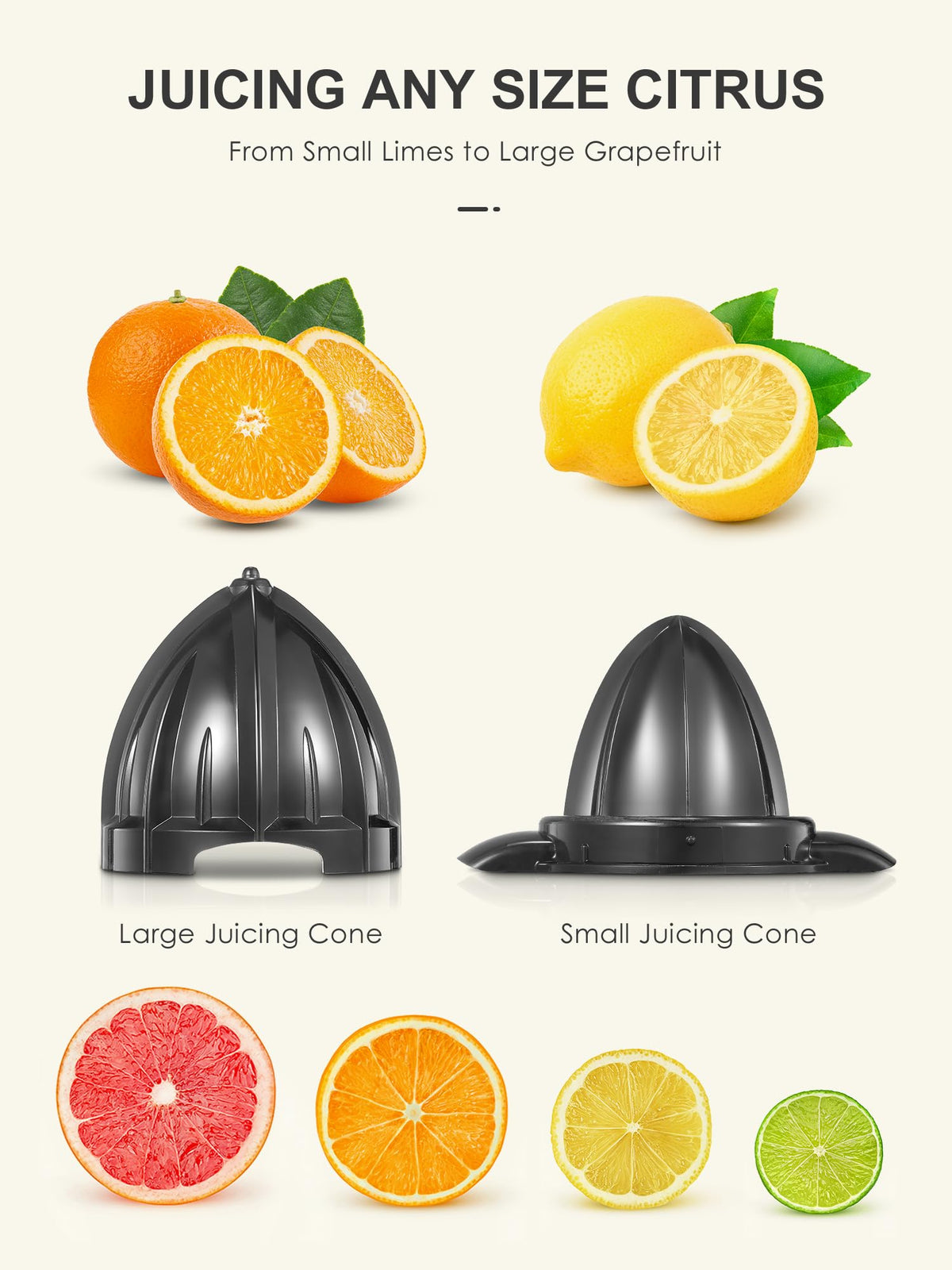 Reemix juicer with double-cone system for large and small citrus fruits.