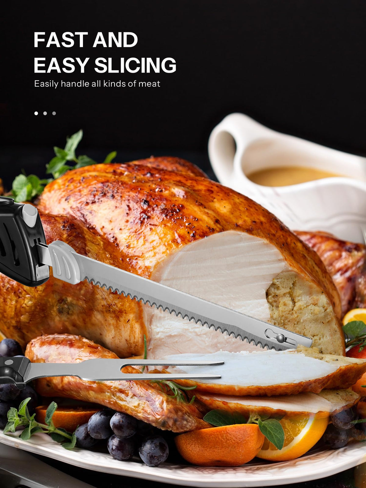 Reemix electric knife bread blade cutting a loaf for even slices.