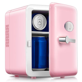 Reemix mini fridge pink front view for bedside drinks and skincare