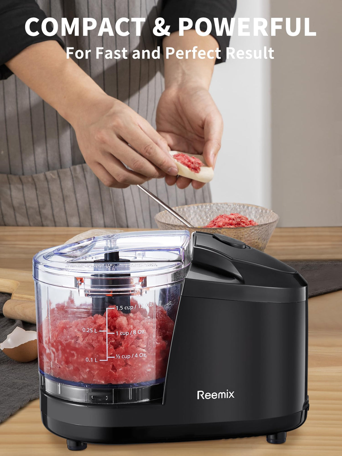 Reemix one-five cup chopper on countertop saves space and time