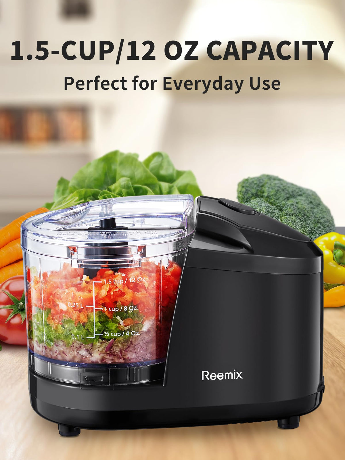 Reemix one-five cup chopper side view ideal for counter-ready convenience