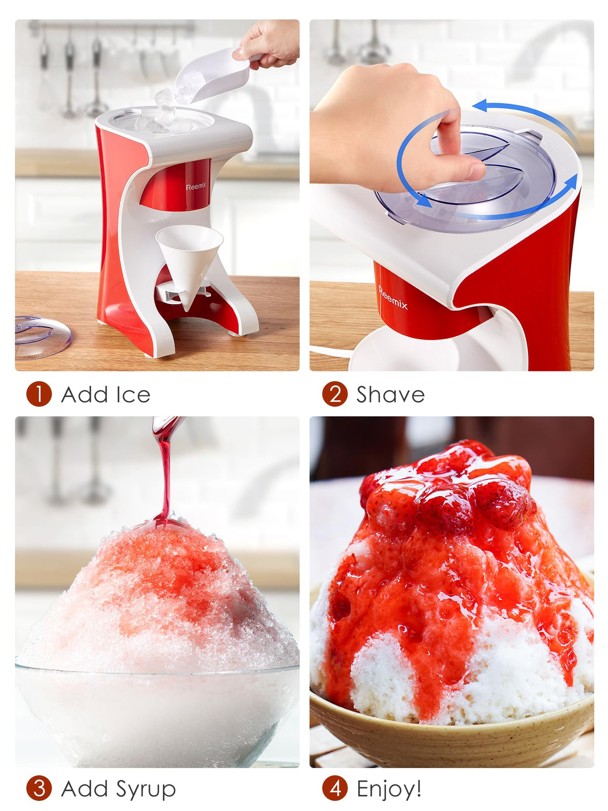 Reemix snow cone syrup station with flavor options within reach