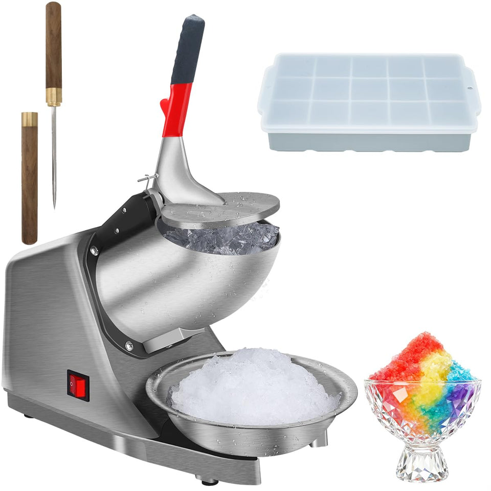 Reespring Snow Cone Machine front view showing sturdy stainless steel build for home use