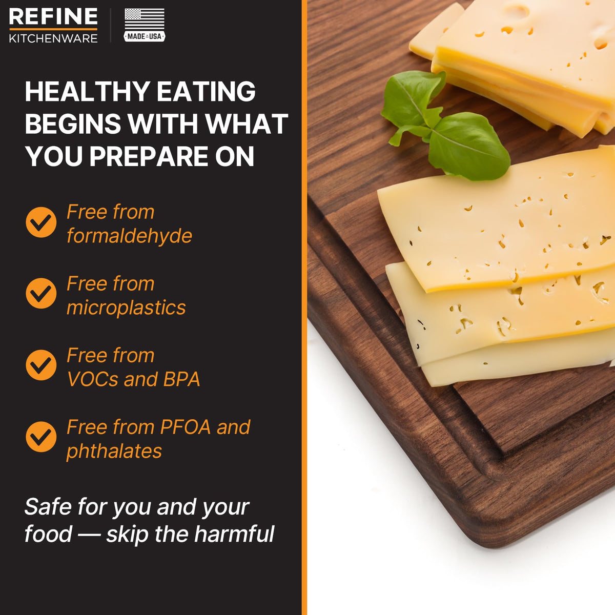 Refine Kitchenware black walnut cutting board shows deep juice groove for tidy countertops.