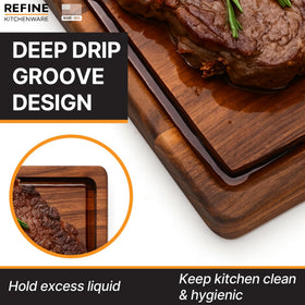 Refine Kitchenware black walnut cutting board showcases a knife-friendly hardwood surface.