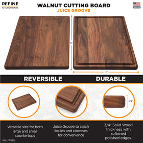 Refine Kitchenware black walnut cutting board close-up reveals rich grain and knife-friendly surface.