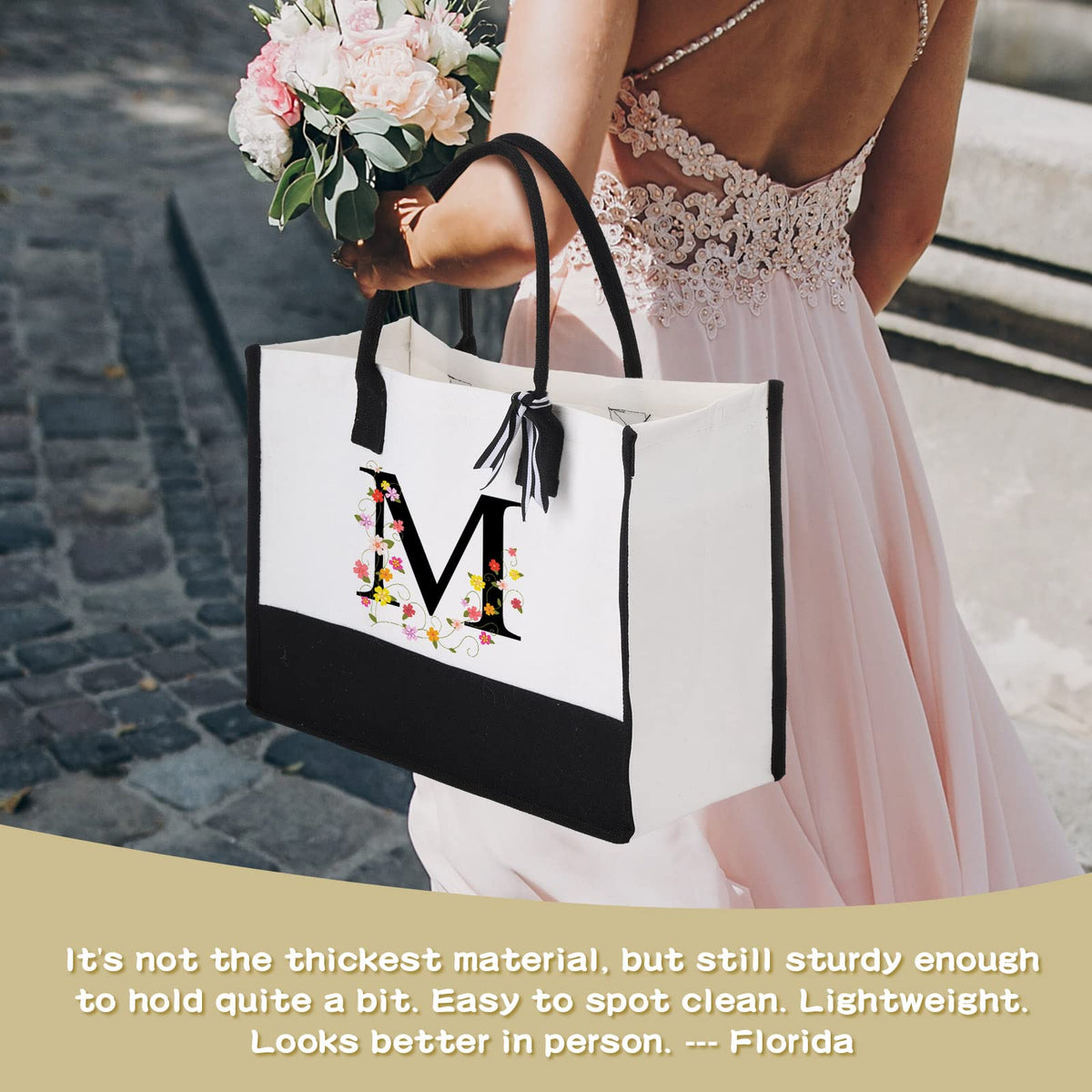 Reginary initial tote bag pictured as bridesmaid gift idea