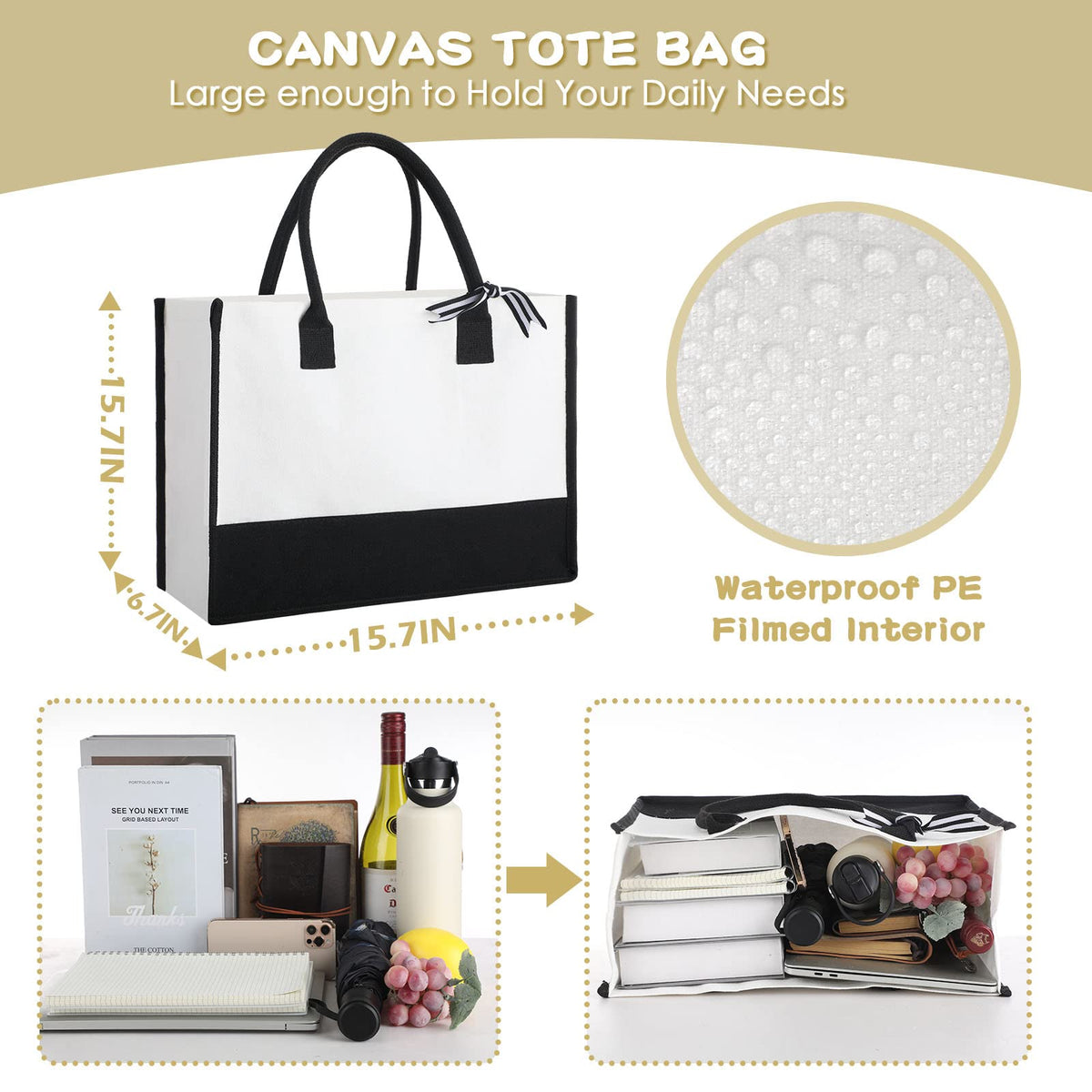 Reginary canvas tote bag with waterproof liner for beach or poolside use