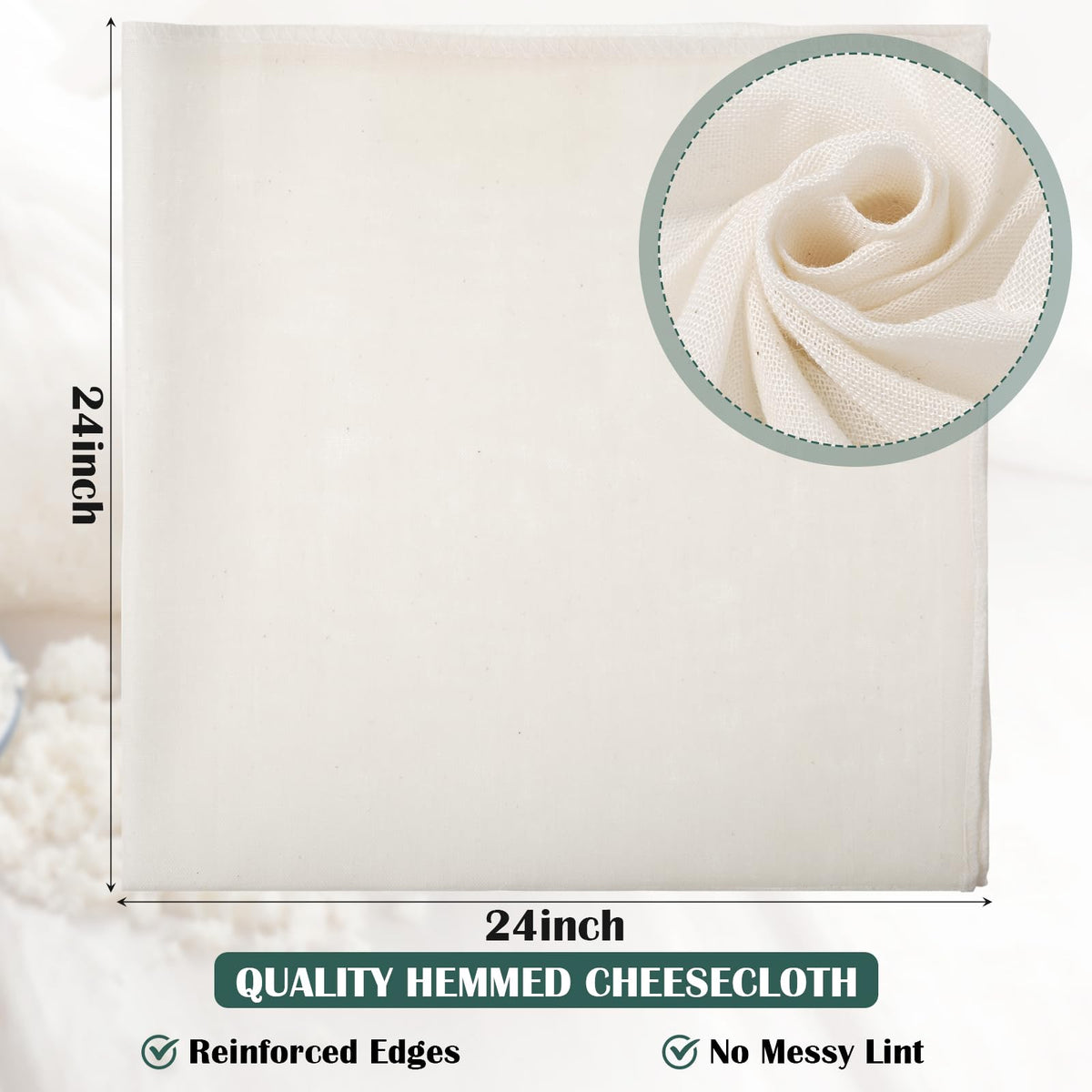 Close-up of Reginary cheesecloth with hemmed edges for durable filtration.