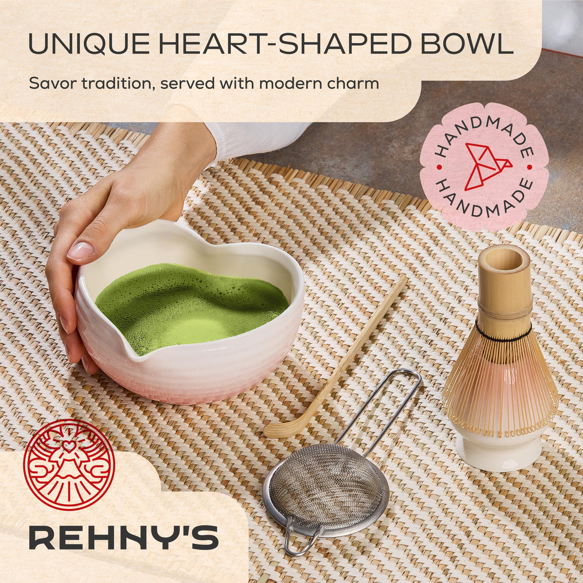 Rehny's bamboo whisk with holder creates frothy matcha and keeps tools tidy