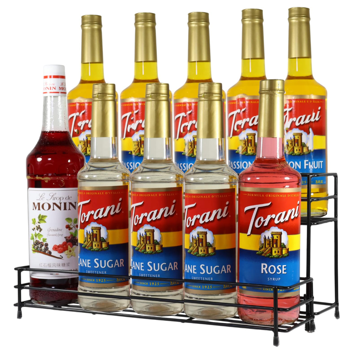 Rehuei coffee syrup organizer displaying 10 bottles for easy flavor selection