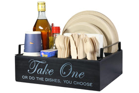 Rehuei paper plate holder wood dispenser with handles showing organized table setup