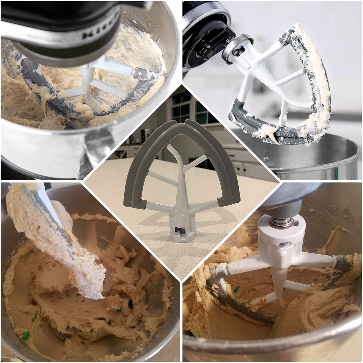 Reikame Flex Edge Beater compatibility with 4.5–5 qt KitchenAid tilt-head bowls.