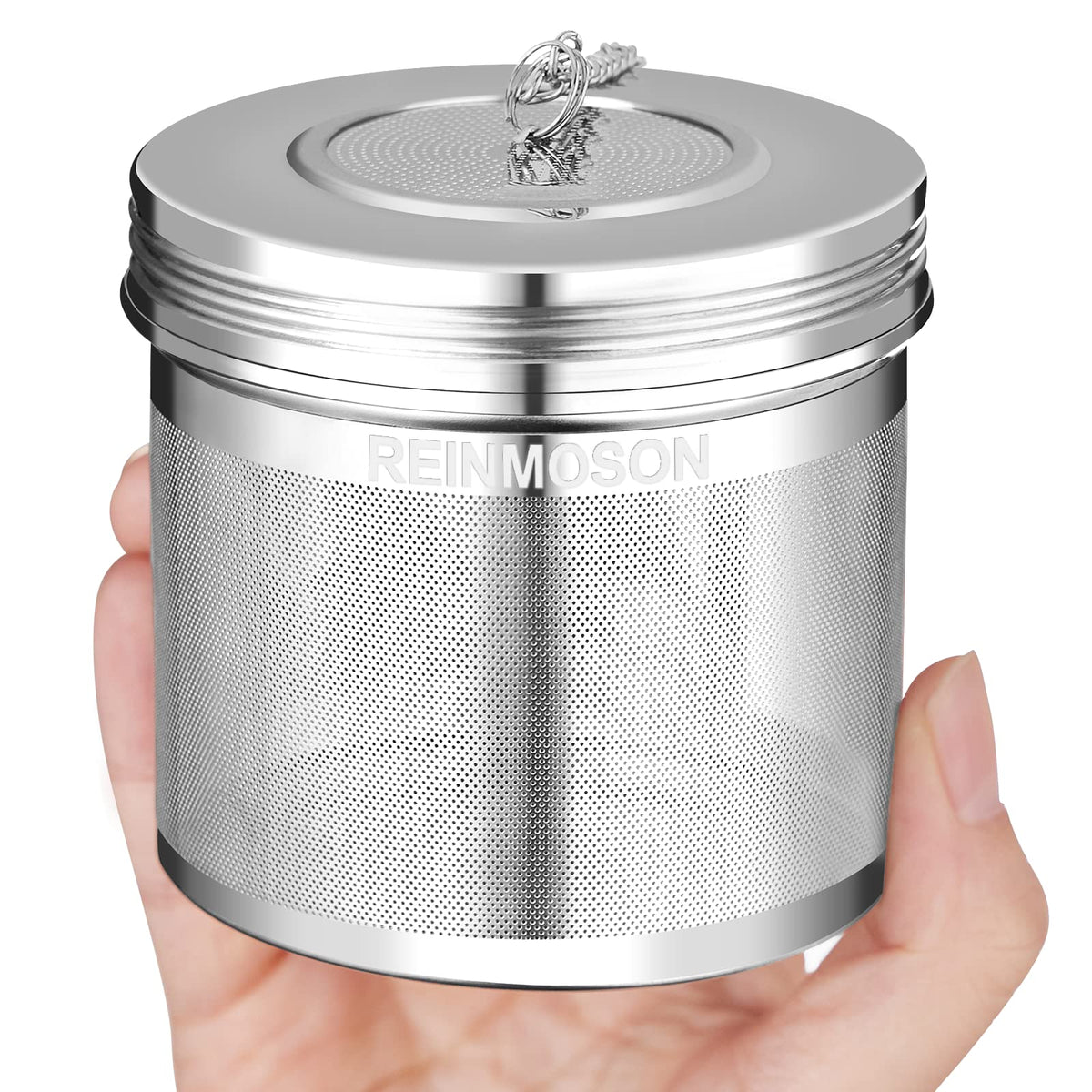Reinmoson large tea ball infuser with threaded lid for secure brewing.