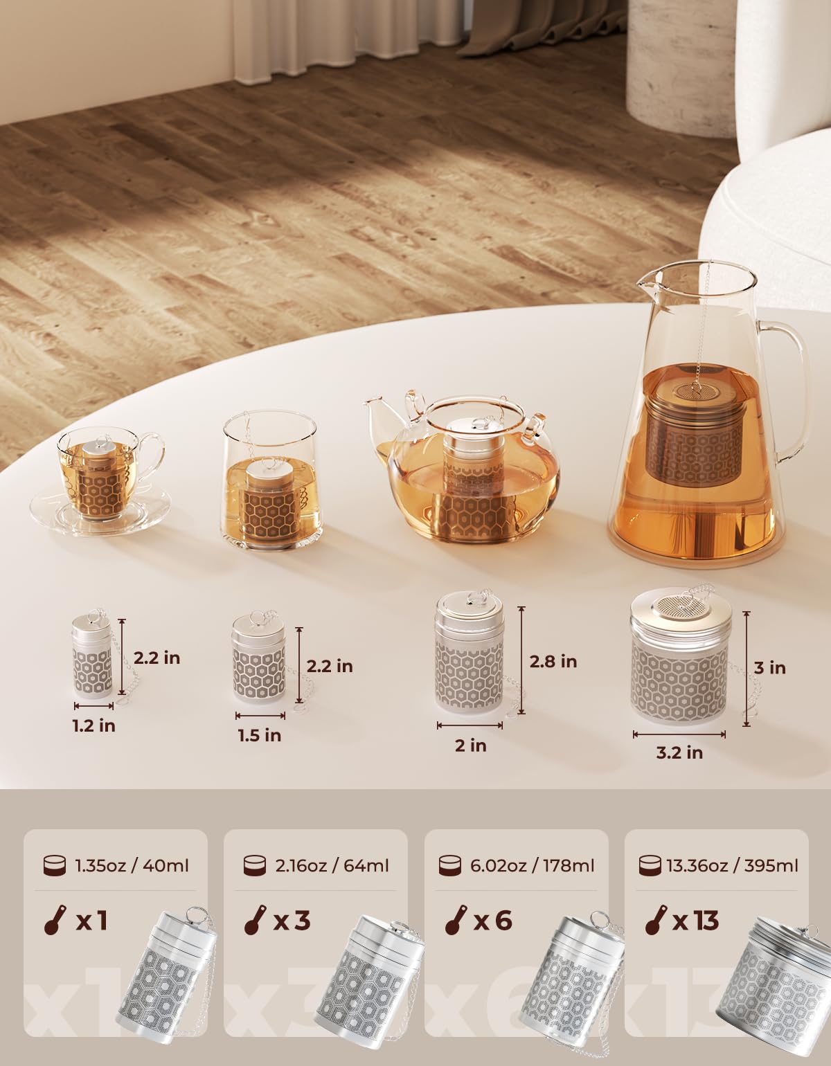 Spacious infusers ready for iced tea or herb-infused dishes.