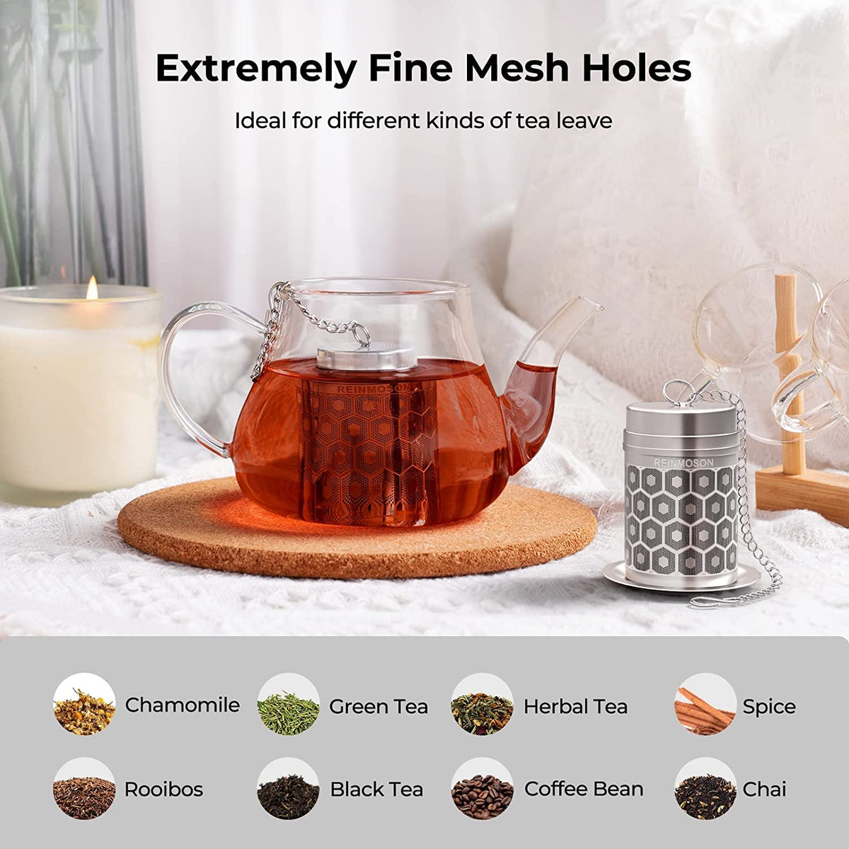 Reinmoson stainless-steel tea ball, easy to clean by hand or dishwasher.