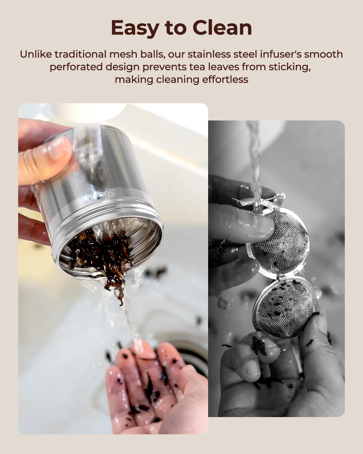 Reinmoson tea ball infuser with chain hook for secure rim placement.