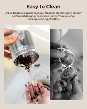 Reinmoson tea ball infuser with chain hook for secure rim placement.
