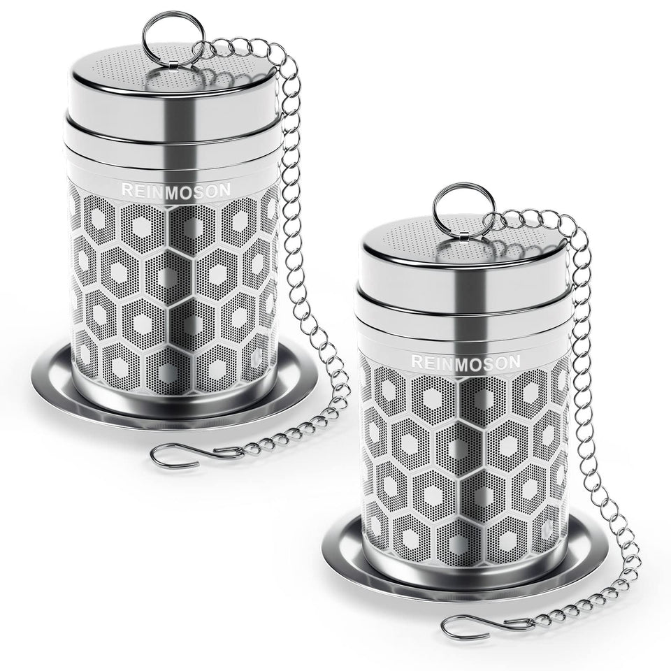 Reinmoson tea strainer 2-pack with fine mesh for clean loose tea infusion.