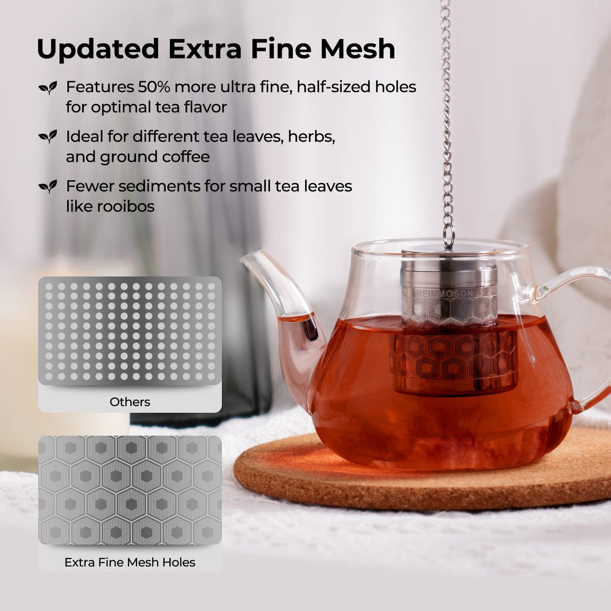 Reinmoson threaded-lid tea ball seals securely during brewing.