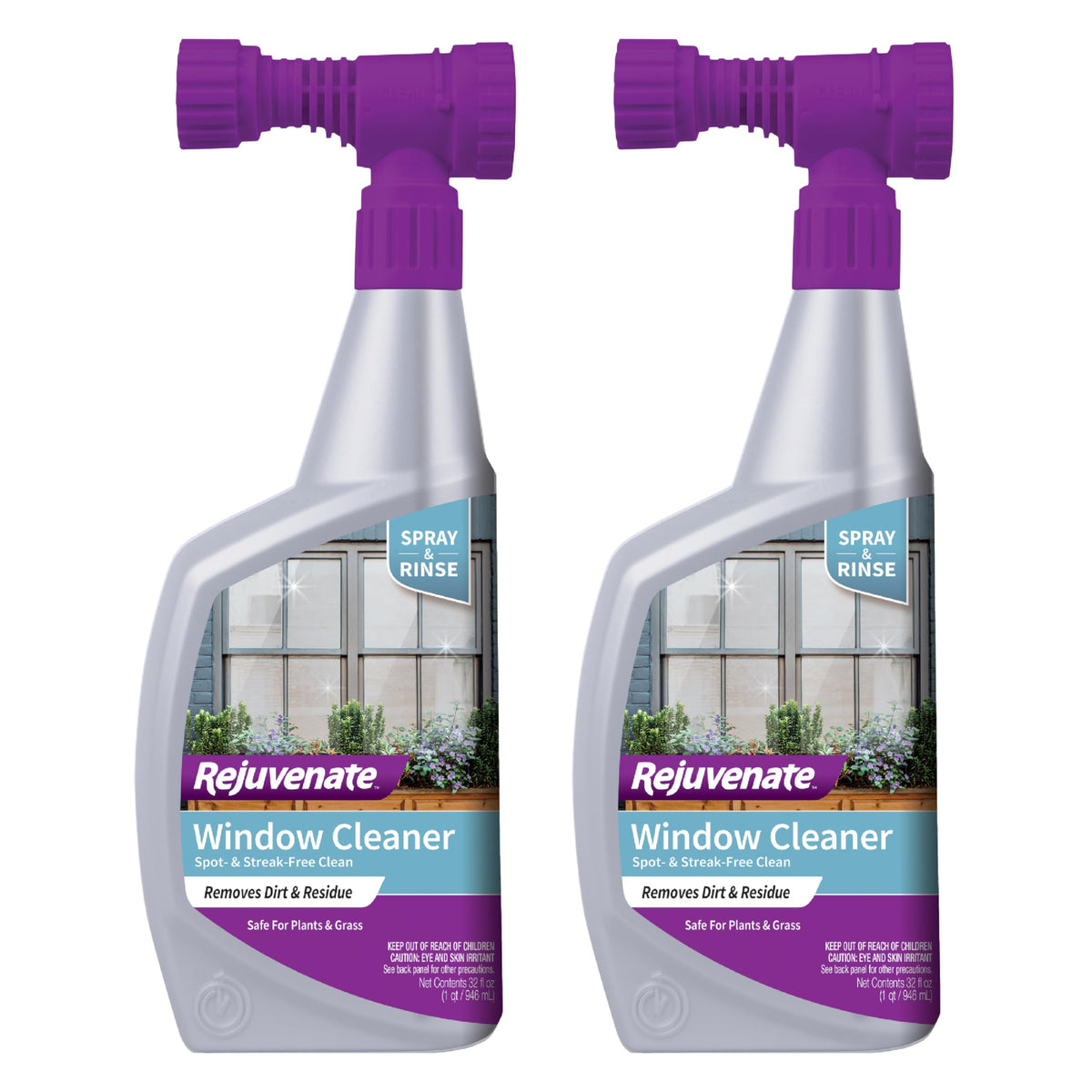 Rejuvenate Window Cleaner bottle pour shows easy application for fast dirt removal and shine