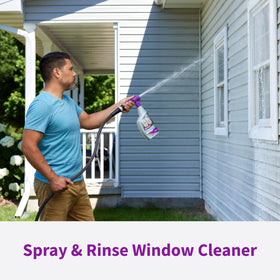 Rejuvenate Window Cleaner hose-end adapter attached demonstrates simple spray-and-rinse outdoor cleaning