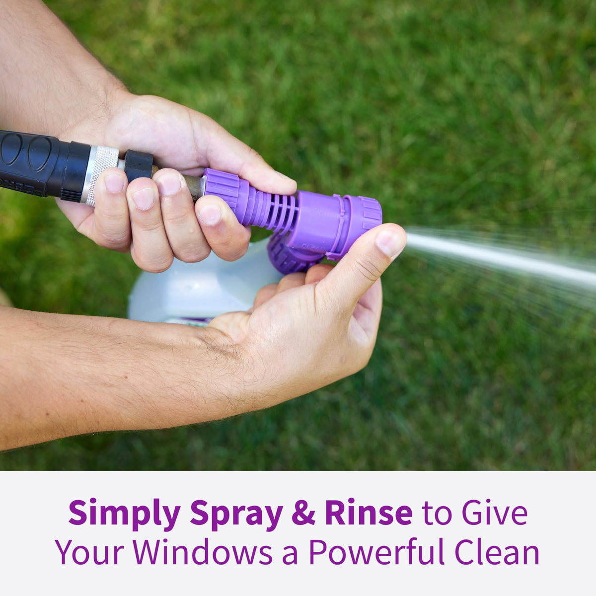 Rejuvenate Window Cleaner in action on outdoor windows delivering a clear view after rinsing