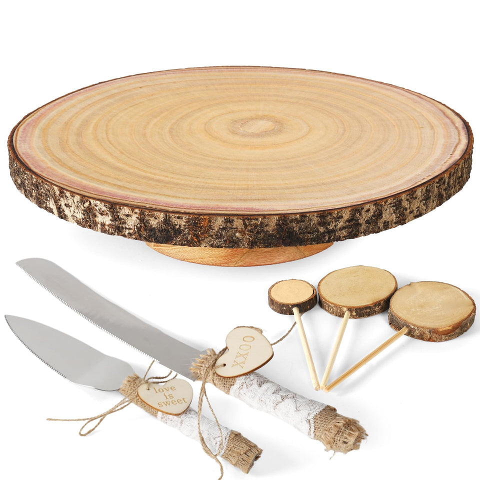 Relaxing Garden 12in rustic wood cake stand with bark edge for elegant displays