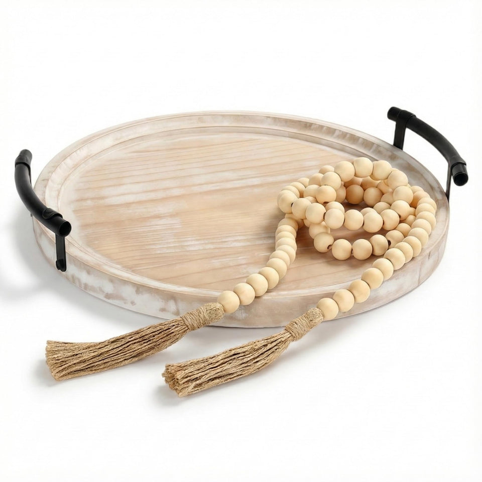 Relaxing Garden 13-inch round tray with handles, ideal as a stylish coffee table centerpiece.