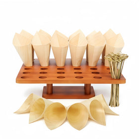 Relaxing Garden 36-slot wooden cone holder stand shows uniform cone rows for easy serving.