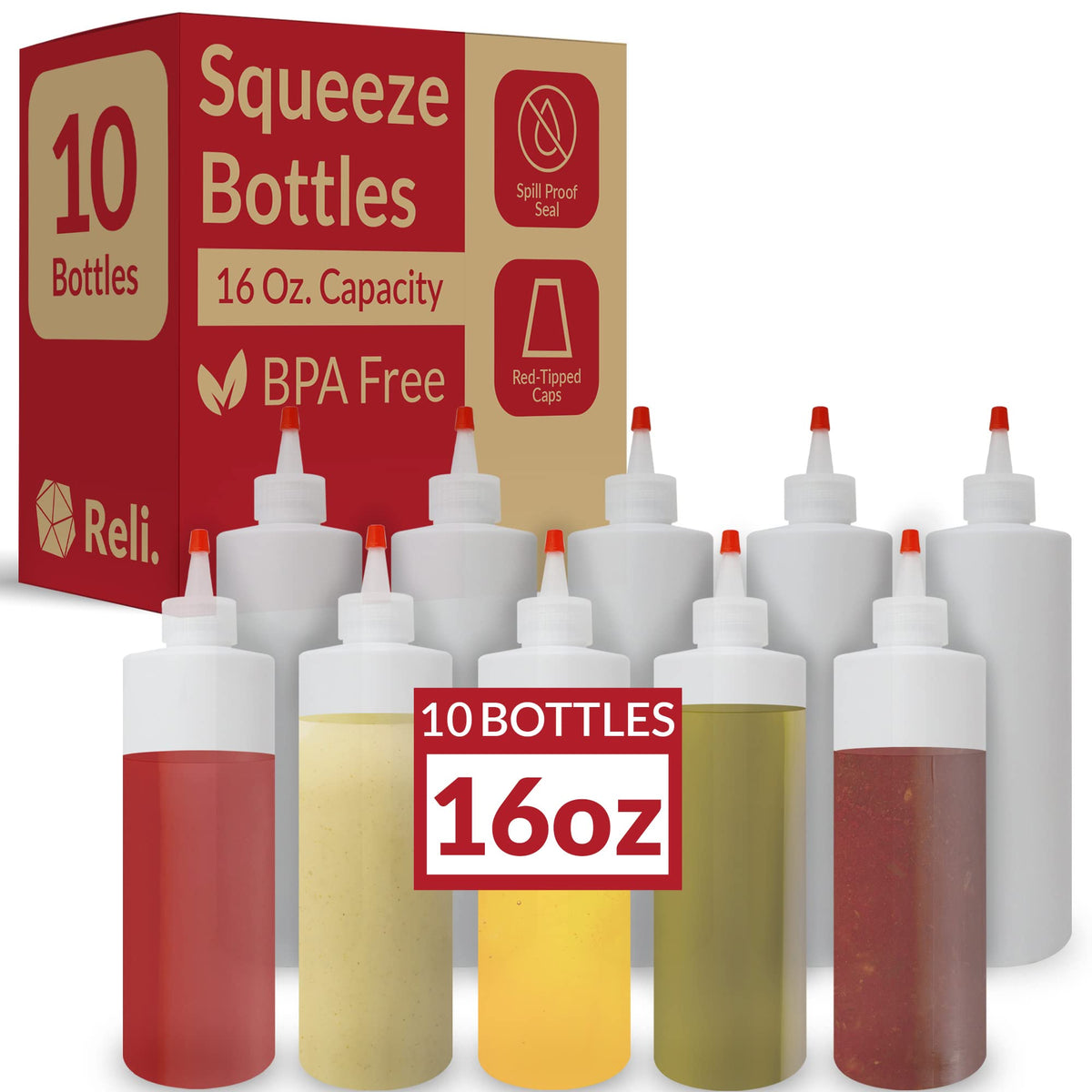 Reli 16 oz squeeze bottle with red cap for precise condiment dispensing