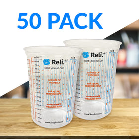 Reli. clear plastic mixing cup with graduations for precise liquid measurements.