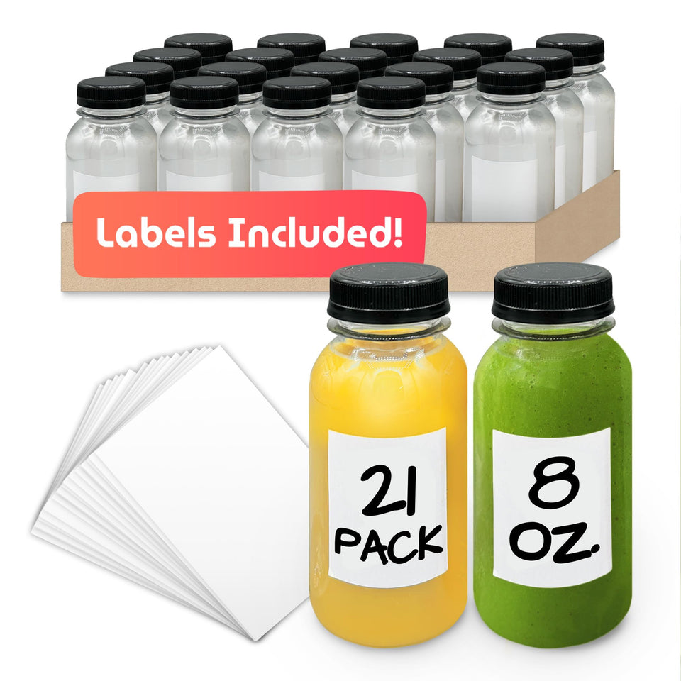 Reli 8 oz round juice bottle with clear body and cap, ideal for storing juices on the go.