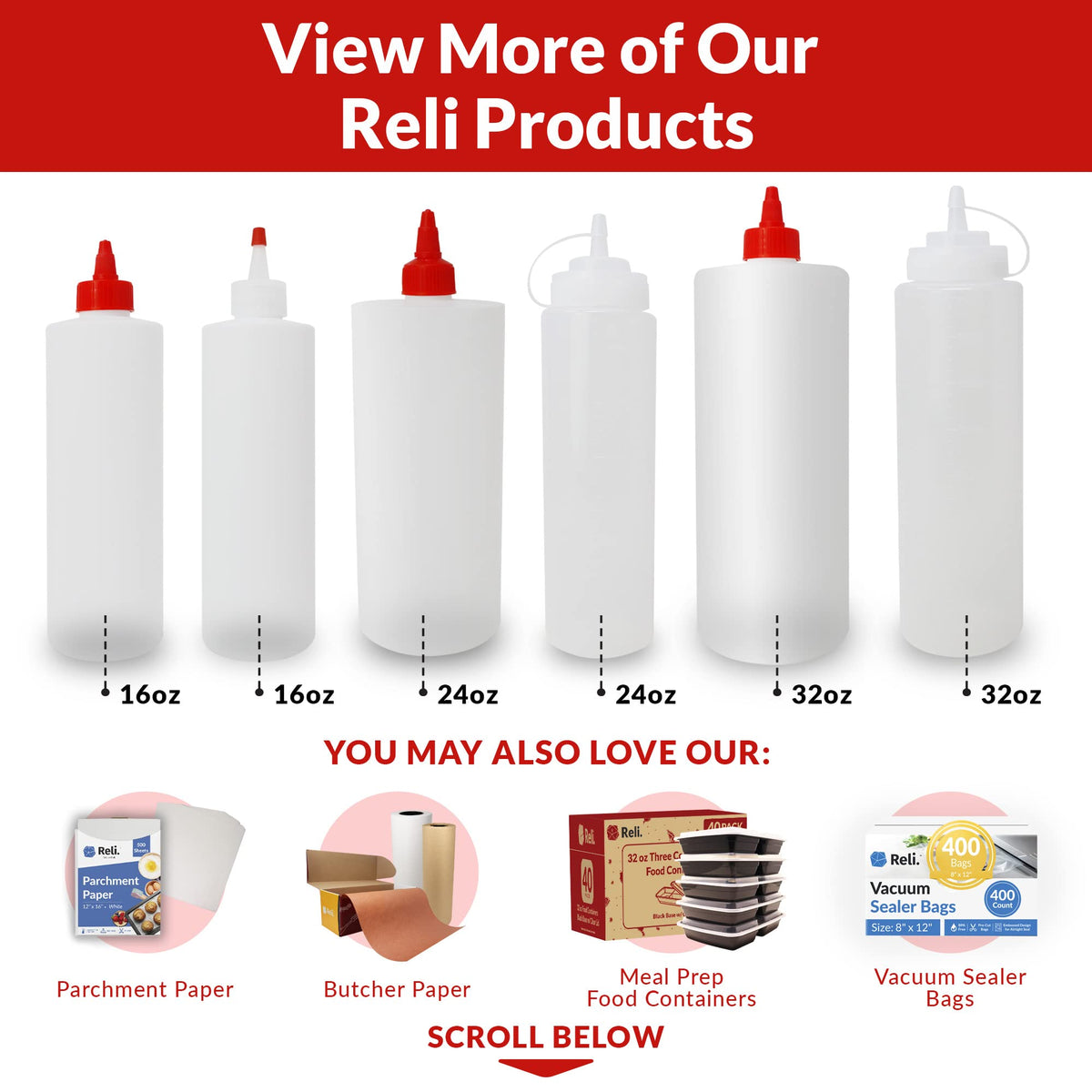 Reli multi-use squeeze bottle ideal for sauces, dressings, oils, and condiments.