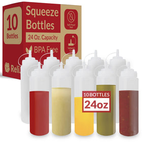 Reli. 24 oz clear squeeze bottle with tethered cap for mess-free sauces.