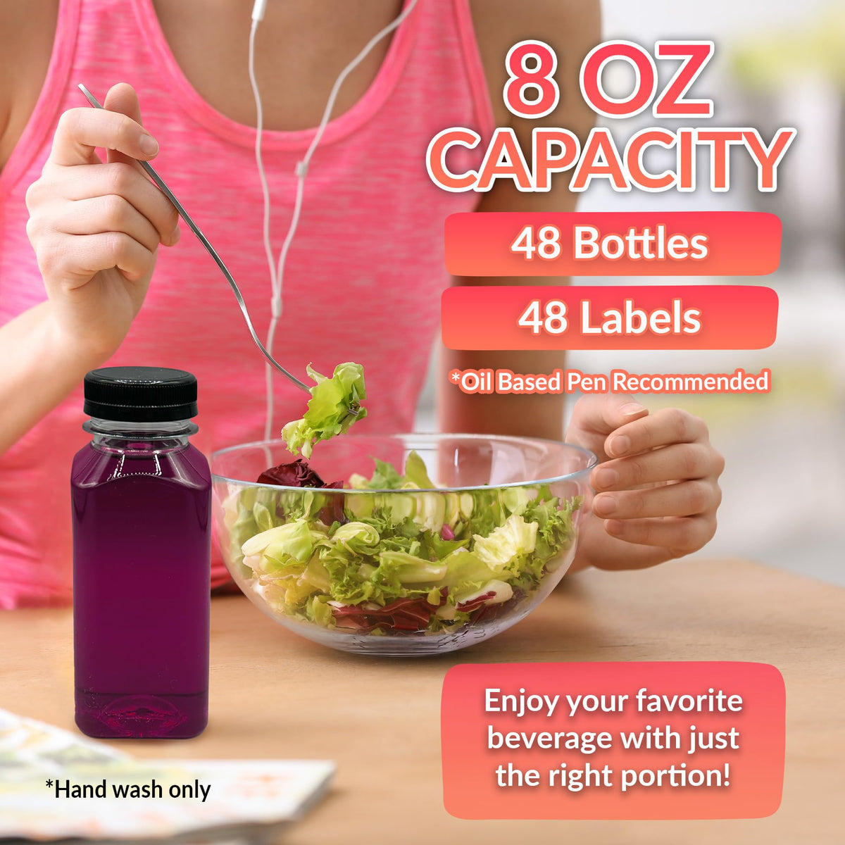 Reli clear 8oz square bottle shows vibrant juice and is travel-friendly