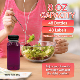 Reli clear 8oz square bottle shows vibrant juice and is travel-friendly