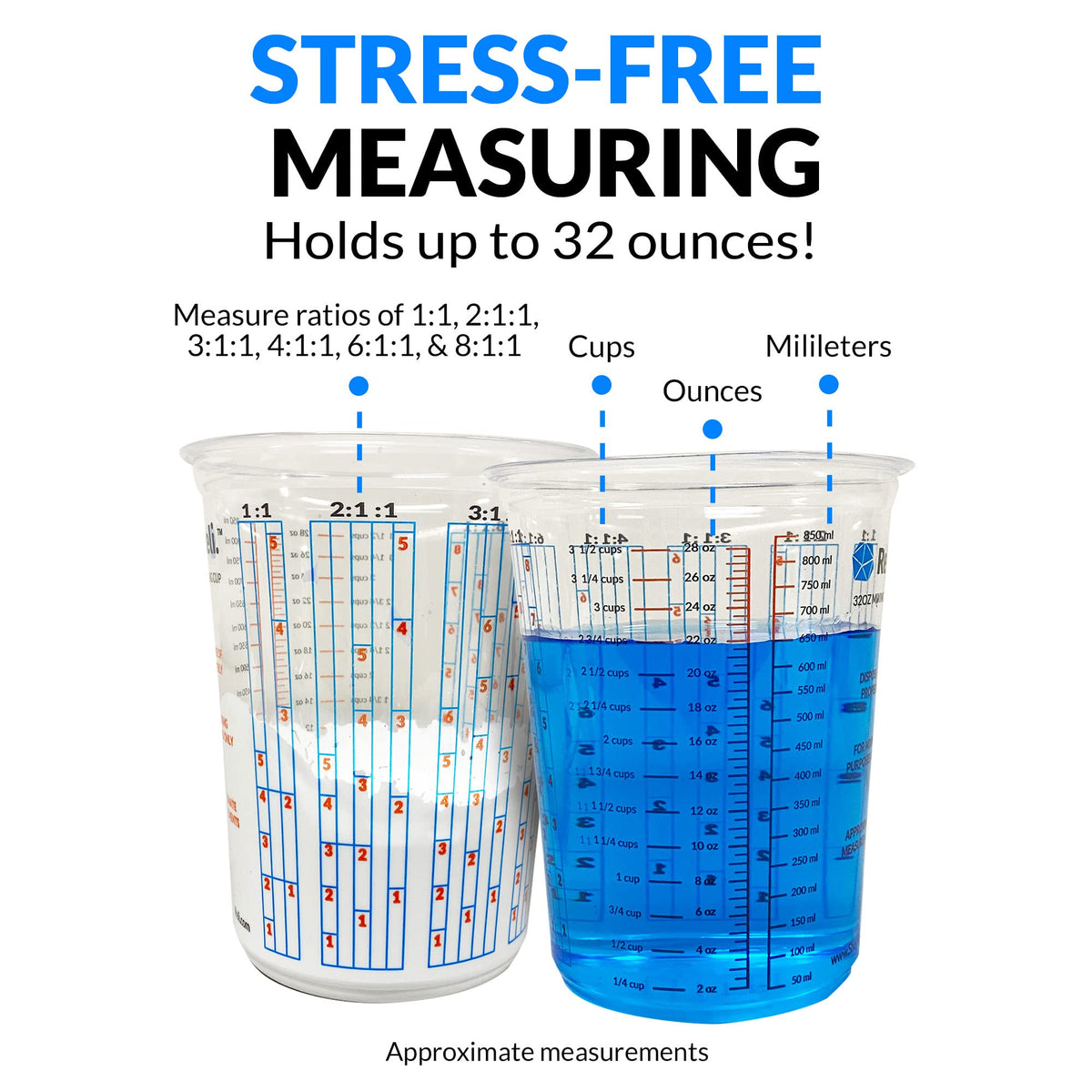 Reli. disposable measuring cups with clear graduations for resin and pigments.