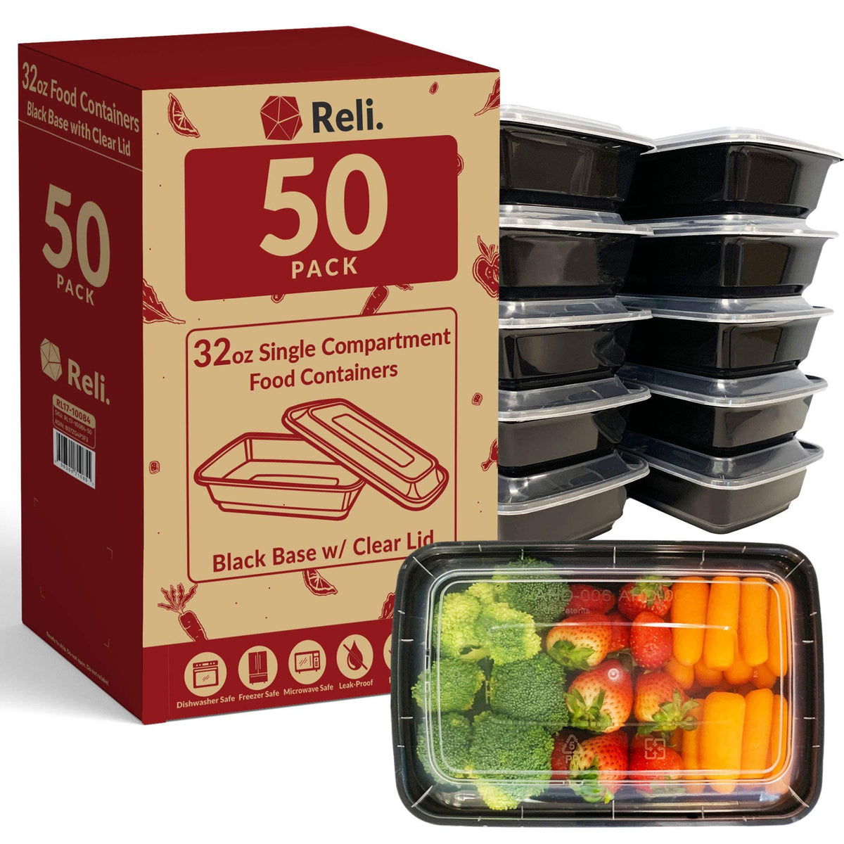 Reli meal prep 32oz container with 50-pack for organized weekly meals.