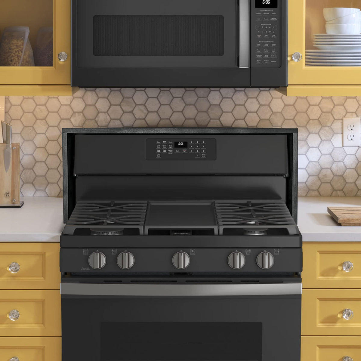 Low-profile shelf frees counter space above the stove.