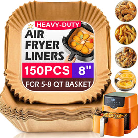 ReLuien 150-pack 8-inch air fryer liners in a box for quick cleanup.