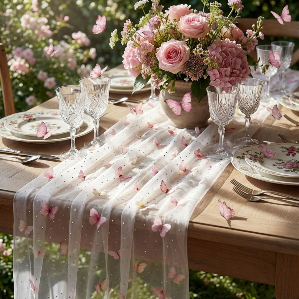 Remagr butterfly table runner with 3D embroidery for weddings and celebrations