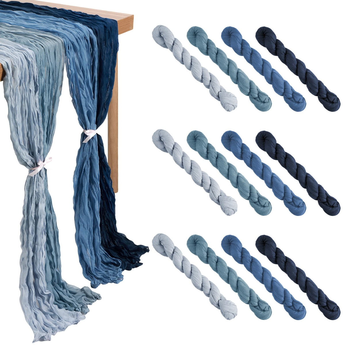Remagr gradient blue cheesecloth table runner in boho style for elegant wedding tables.