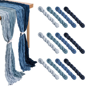 Remagr gradient blue cheesecloth table runner in boho style for elegant wedding tables.