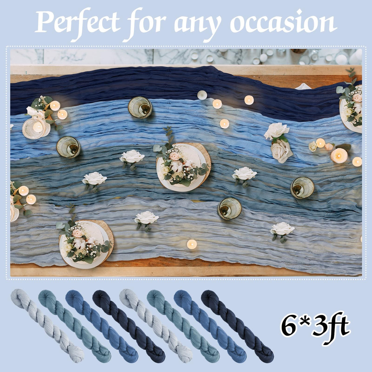 Remagr 6ft gradient blue cheesecloth runner creates a soft dining ambiance.