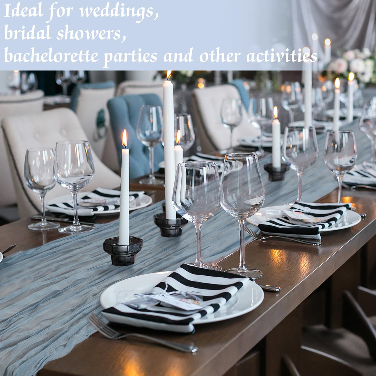 Remagr gradient blue cheesecloth table runner blends with pastel decor.